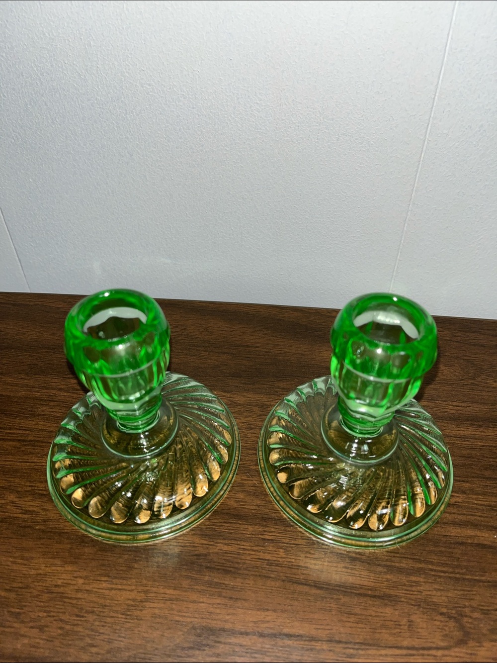 Vtg. Green depression candle holder set Uranium glass 3 1/2” Excellent